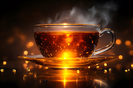 A steaming glass cup of tea sits elegantly on a matching saucer, surrounded by a warm, golden bokeh backdrop. the steam rises softly, creating a comforting and inviting atmosphere perfect for relaxation. Generative AIの素材