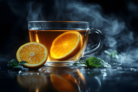 Steaming herbal tea in a glass cup with slices of fresh orange and mint leaves arranged on a reflective surface, creating a soothing and aromatic beverage scene. Generative AIの素材