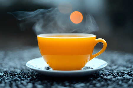 A steaming hot beverage fills a bright yellow mug, set against a frosty backdrop. the contrast of warmth and cold is highlighted by gentle steam rising, creating a cozy and inviting atmosphere. Generative AIの素材