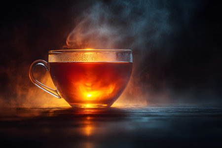 Steaming glass cup filled with hot tea exudes warmth and serenity. the steam rising against a dark background creates a cozy, inviting atmosphere perfect for relaxation or meditation. Generative AIの素材