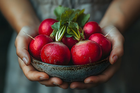 A close-up of hands holding a rustic bowl filled with freshly harvested organic radishes. the image highlights the vibrant red color and natural beauty of the vegetables, emphasizing themes of farm-to-table dining, health, and freshness. Generative AIの素材