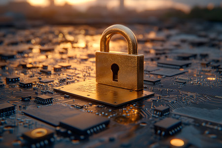 A golden padlock positioned on a circuit board symbolizes digital security and protection. the sunset in the background highlights the contrast between technology and nature, emphasizing the strength of cybersecurity. Generative AIの素材
