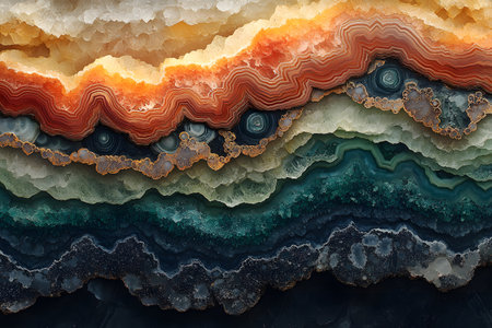 A stunning close-up of a colorful, layered agate stone showcasing intricate natural patterns. the vibrant hues of orange, green, and blue blend seamlessly, the stone's organic beauty, ideal for interior decor and artistic inspiration. Generative AIの素材