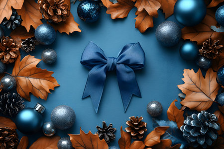 Elegant holiday decoration featuring a central blue bow surrounded by metallic ornaments, pinecones, and bronze autumn leaves. the harmonious blend of blue and bronze creates a sophisticated seasonal design, ideal for holiday themes. Generative AIの素材