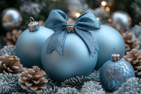 Blue christmas ornaments with a glittering bow decorate a winter-themed scene. pine cones and frosted branches add a touch of natural elegance, creating a festive atmosphere perfect for holiday cards or seasonal designs. Generative AIの素材