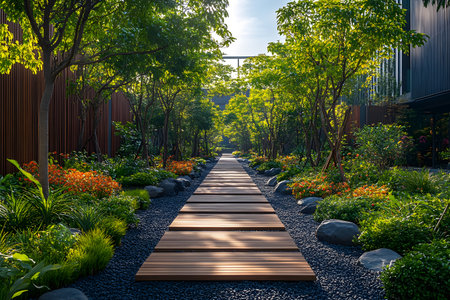 A beautifully landscaped garden features a wooden walkway surrounded by lush greenery and vibrant flowers, illuminated by the soft glow of sunrise. the path is bordered by smooth stones, creating a harmonious blend of nature and design. Generative AIの素材