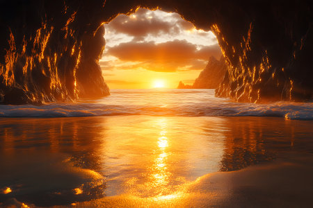 A stunning view of a golden sunset seen through a coastal cave, reflecting on the shimmering ocean. the scene evokes a sense of tranquility and awe, perfect for travel and nature themes. Generative AIの素材