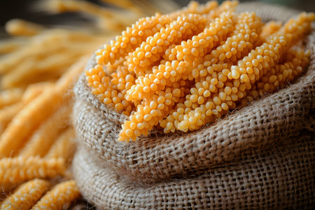 Close-up of vibrant yellow corn laid in a rustic burlap sack. the richly textured kernels offer a warm, earthy aesthetic ideal for culinary-related themes, emphasizing farm-to-table freshness and organic produce displays. Generative AIの素材