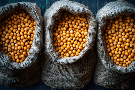 Burlap sacks overflowing with vibrant golden chickpeas, arranged against a dark wooden surface. the rustic display highlights the abundance and natural beauty of agricultural harvest, perfect for culinary inspiration. Generative AIの素材