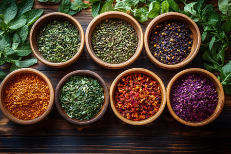 A variety of colorful dried herbs and spices arranged in wooden bowls on a rustic wooden table. the vibrant greens, reds, and purples showcase a rich diversity of natural ingredients, ideal for cooking and aromatherapy. Generative AIの素材