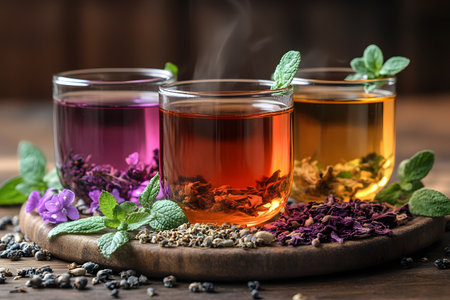 A close-up of three steaming glasses of herbal tea with varying colors, surrounded by fresh mint leaves, diverse dried herbs, and vibrant flowers, set on a rustic wooden surface to enhance a comforting, wellness ambiance. Generative AIの素材