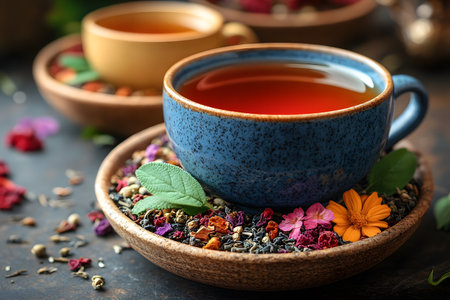 A beautifully crafted blue ceramic cup filled with herbal tea, surrounded by an assortment of dried flowers and tea leaves on a rustic plate, creating a warm and inviting scene perfect for promoting relaxation and wellness. Generative AIの素材