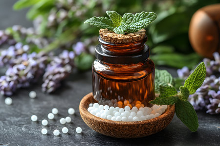 Brown glass bottle with a cork lid and fresh mint leaves, surrounded by homeopathic white pellets, on a dark surface with lavender flowers in the background, symbolizing natural healing and herbal medicine. Generative AIの素材