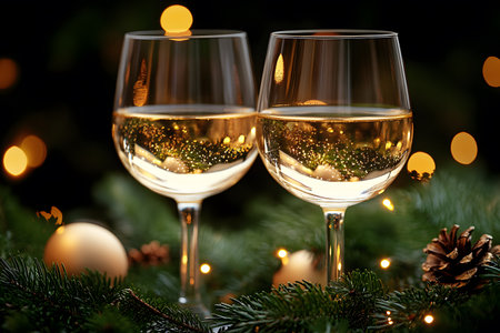 Celebratory scene featuring two wine glasses glowing amidst festive decorations. illuminated by warm bokeh lights, pine branches, and ornaments, perfect for capturing the essence of christmas elegance in design. Generative AIの素材
