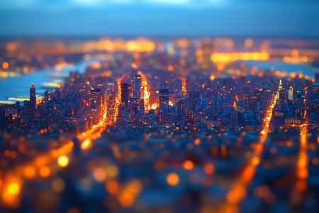 A stunning aerial view of a city at dusk, showcasing a vibrant metropolis with glowing streetlights and illuminated skyscrapers. the soft-focus effect adds an artistic and dreamy quality to the urban landscape. Generative AIの素材
