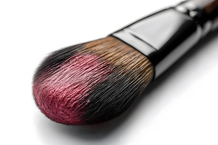 A detailed close-up of a makeup brush with pink powder on bristles, set against a bright background. the image highlights texture and detail, perfect for beauty, cosmetic, and fashion-related content. Generative AIの素材