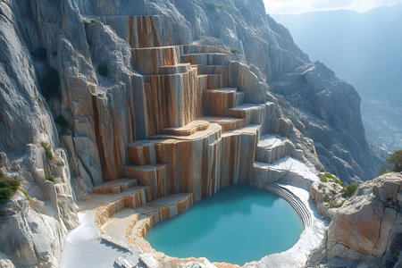 Explore serene terraced pools carved into a majestic mountain landscape. the tranquil turquoise waters create a perfect backdrop for relaxation, offering a stunning blend of nature's artistry and geological wonder. Generative AIの素材