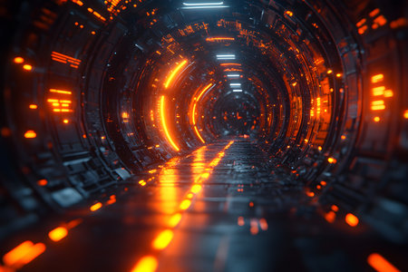 A vibrant depiction of a futuristic tunnel illuminated with orange and blue lights. the dynamic interplay of colors and perspective suggests high-tech environments, perfect for sci-fi themes or technology-related designs. Generative AIの素材
