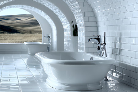 Bright and pristine modern bathroom features elegant white tiles and a sleek freestanding bathtub. large arched windows offer a panoramic view of a tranquil natural landscape, blending indoor luxury with outdoor serenity. Generative AIの素材