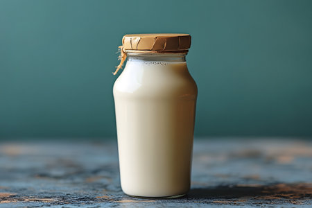 A simple, rustic glass milk bottle with a wooden cap displayed against a textured, dark green background. the image highlights themes of nostalgia and classic farm-to-table aesthetics, perfect for vintage kitchen decor. Generative AIの素材