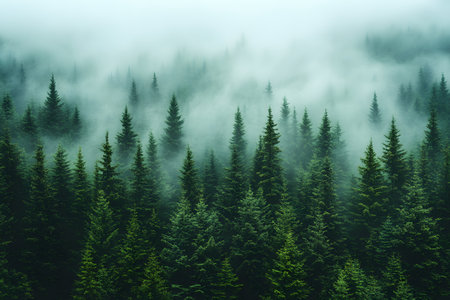 Misty forest scene featuring dense evergreen pine trees shrouded in thick fog. the ethereal atmosphere creates a mysterious and tranquil setting, the natural beauty of the forest and its profound serenity. Generative AIの素材