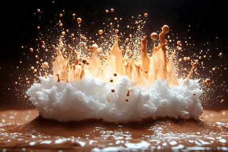 A captivating abstract image featuring an energetic splash of coffee with vivid, creamy foam erupting against a dark background. perfect for designs related to energy, creativity, and food art themes. Generative AIの素材