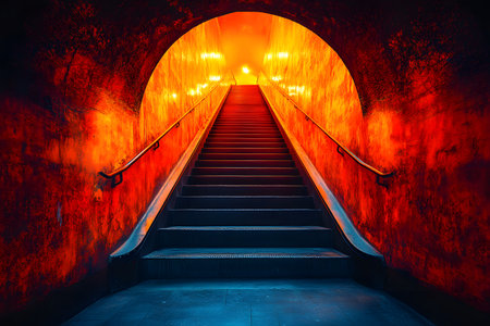 A captivating, dramatic scene of an upward staircase bathed in intense red and orange lights, creating a mysterious and atmospheric urban tunnel. the glow casts a warm, inviting ambiance, enhanced by the archway leading to the unknown. Generative AIの素材