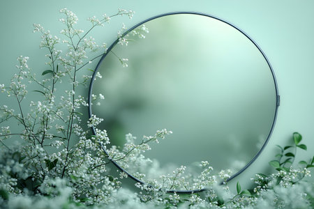 Circular mirror elegantly set amidst a lush arrangement of white baby's breath flowers against a serene teal background, creating a harmonious blend of nature and reflection for tranquil decor themes. Generative AIの素材
