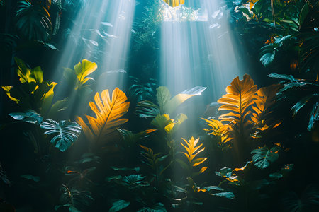 Sunlight streams through the dense canopy of lush jungle foliage, vibrant green and yellow leaves. the soft interplay of light and shadow creates a serene and enchanting atmosphere in the tropical forest setting. Generative AIの素材