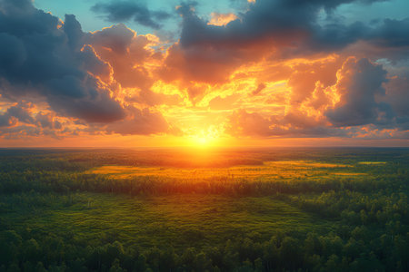 Vibrant sunset illuminates a vast, green forest, casting warm hues across the sky. towering clouds frame the horizon, creating a breathtaking display of natural beauty and tranquility. Generative AIの素材