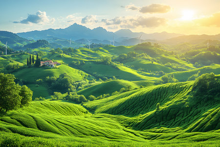 Lush, rolling green hills stretch into the distance, dotted with modern wind turbines against a backdrop of a vibrant sunset. this picturesque rural landscape harmony of nature and sustainable energy practices. Generative AIの素材