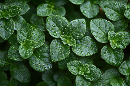 Close-up of vibrant green oregano leaves adorned with fresh water droplets, creating a refreshing, natural look. ideal for nature, gardening, herbal medicine, or culinary-related designs. Generative AIの素材