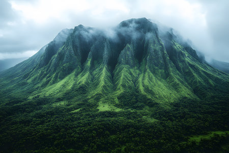 Mist gently descends over a dramatic mountain peak, creating a mystical atmosphere. the vibrant green landscape contrasts with the rugged cliff faces, evoking a sense of adventure and natural beauty, ideal for nature and travel inspirations. Generative AIの素材