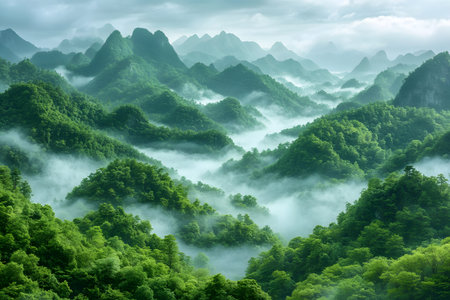 Enchanting vista of verdant mountains shrouded in mist, creating a serene and mystical atmosphere. ideal for nature-themed decor, travel inspiration, and environmental projects showcasing breathtaking natural beauty. Generative AIの素材