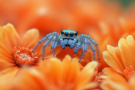 A vivid jumping spider with striking blue and black features is perched on bright orange flowers. its large eyes and detailed textures contrast beautifully with the soft, blurred floral background. Generative AIの素材