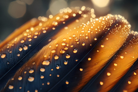 Feather adorned with dewdrops glowing under golden light, capturing nature's delicate beauty. ideal for nature photography enthusiasts and art prints, emphasizing intricate textures and patterns. Generative AIの素材