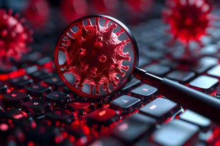 A magnified view of a virus model hovering over a computer keyboard, representing cybersecurity threats and digital infections. the scene conveys the importance of safeguarding online data from malware. Generative AIの素材