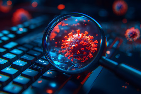 A magnified representation of the covid-19 virus is visualized over a keyboard, symbolizing the intersection of technology and digital communication in the fight against the pandemic. Generative AIの素材