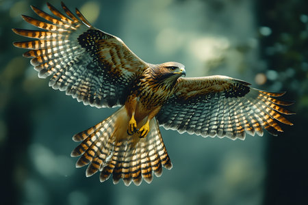 A magnificent hawk soars gracefully against a blurred forest background, showcasing its impressive wingspan and intricate feather patterns. perfect for nature enthusiasts and wildlife photography collections. Generative AIの素材