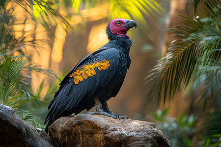 A vibrant vulture perches confidently on a rock, showcasing its striking plumage with vivid pink and orange hues. the surrounding lush jungle foliage creates a dynamic and natural backdrop, emphasizing the bird's regal presence. Generative AIの素材