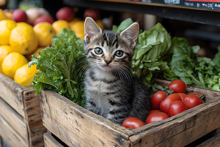 A small kitten sits inside a wooden crate filled with fresh vegetables and fruits, including lettuce, tomatoes, and lemons. the market scene, with its rustic charm, offers a whimsical take on everyday shopping. Generative AIの素材