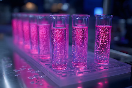 Test tubes filled with a vibrant pink solution are neatly arranged in a laboratory setting. the scene evokes a sense of scientific research, experimentation, and discovery, with bright colors reflecting innovation. Generative AIの素材