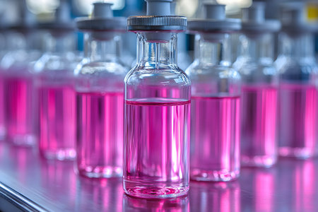 Laboratory setting showcasing multiple glass bottles filled with a vibrant pink liquid. the bottles, neatly arranged on a reflective surface, emphasize scientific research, precision, and innovation. Generative AIの素材
