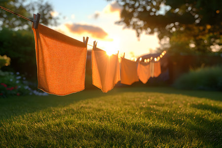 Towels hang on a clothesline, illuminated by the warm hues of a summer sunset. the serene setting highlights lush green grass and trees, creating a peaceful and nostalgic atmosphere perfect for nature-themed decor. Generative AIの素材