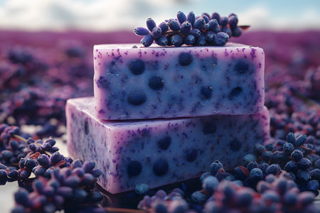 Lavender-infused handmade soap bars rest in a blooming lavender field, showcasing a blend of natural beauty and skincare. perfect for themes of relaxation, aromatherapy, and organic living. Generative AIの素材