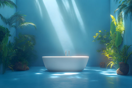 Luxurious bathroom setting featuring a sleek freestanding bathtub surrounded by vibrant tropical plants. sunlight streams through, creating a serene and rejuvenating ambiance with blue walls enhancing the tranquil spa atmosphere. Generative AIの素材