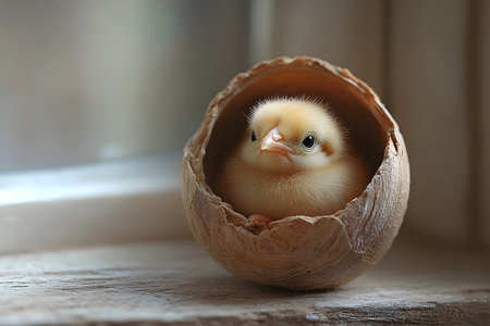 A cute yellow chick nestled comfortably inside a cracked eggshell, symbolizing new beginnings and renewal. the soft lighting and gentle surroundings create a warm, serene atmosphere perfect for spring themes. Generative AIの素材