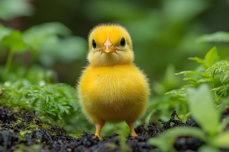 A cute yellow chick stands amidst vibrant greenery, conveying innocence and nature's charm. ideal for spring-themed projects or educational materials wildlife and new beginnings. Generative AIの素材