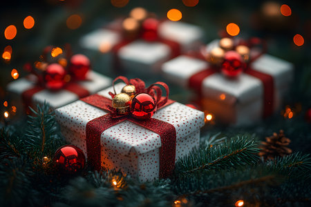 Christmas gifts wrapped in white paper with red ribbons surrounded by glittering ornaments and pine branches. warm lighting enhances the festive atmosphere, perfect for holiday decor and celebrations. Generative AIの素材