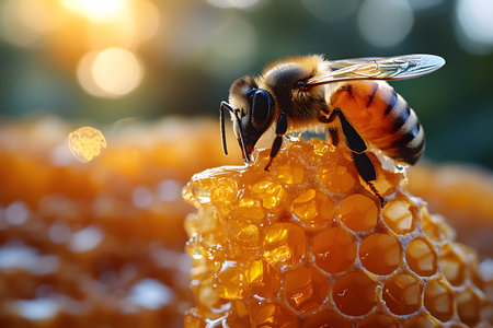 A close-up shot of a honeybee collecting nectar on a honeycomb, illuminated by warm sunlight. the intricate details of the bee and the hexagonal cells highlight the marvel of nature's design and pollination. Generative AIの素材
